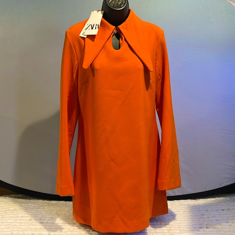Zara Orange Long-Sleeve Shift Dress with Statement Collar - Picture 3 of 11